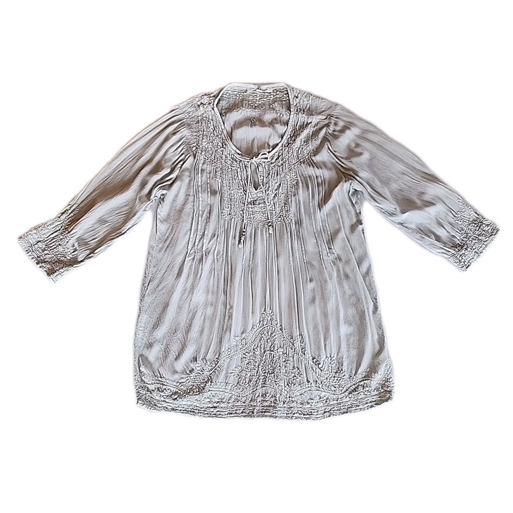 Solitaire Pintuck Embroidered Top Sz L Ivory Keyhole‎ Tunic Boho Peasant Casual - Picture 3 of 12